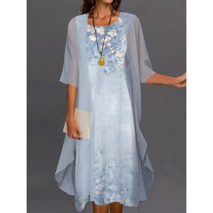 2024 European and American Amazon Summer Women's Casual dress Two-Piece Flower-Print Round Neck Slim-Fit Dress Women