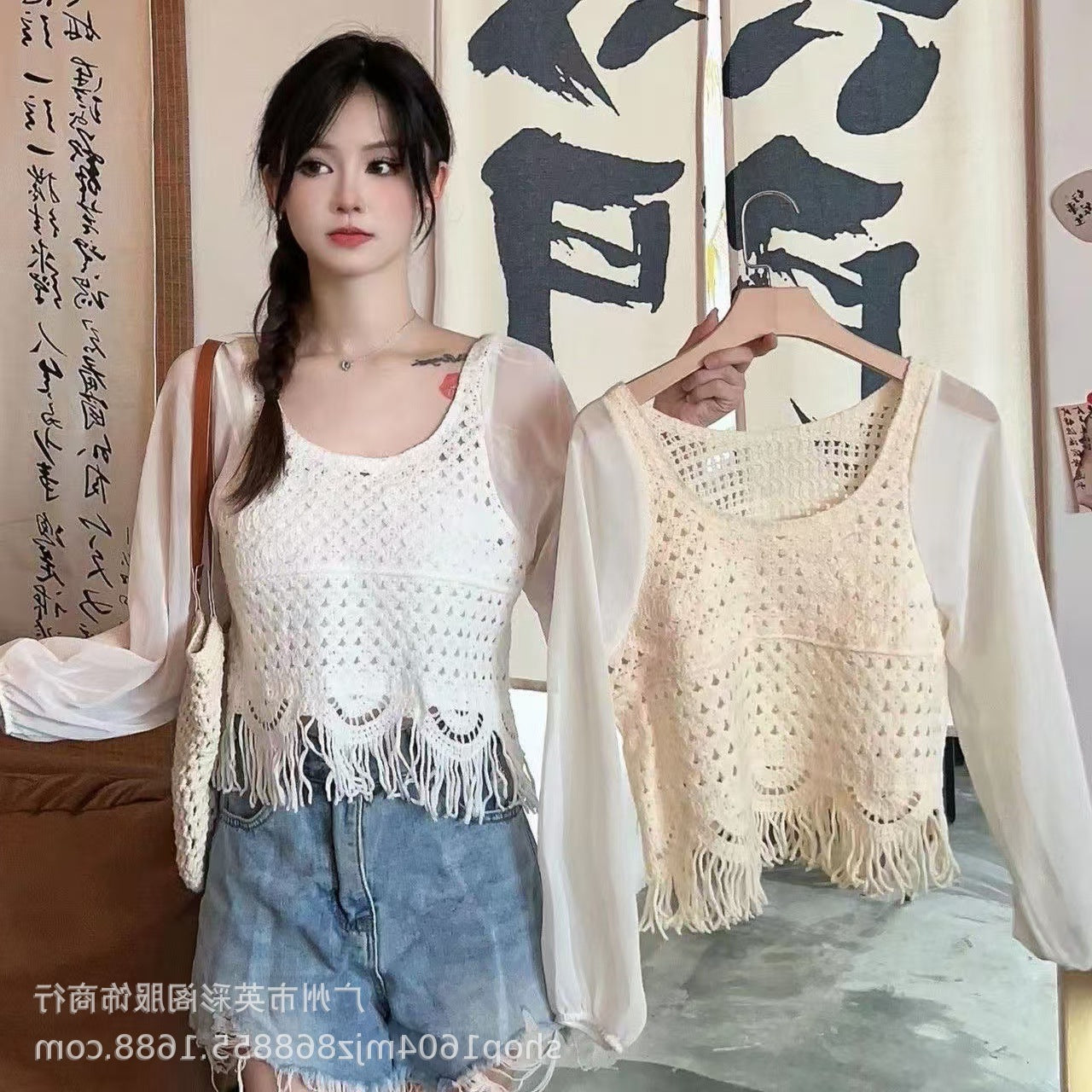 Spring and Summer All-match Sunscreen Stitching Chiffon Cardigan Long-sleeved Puff-sleeved Women's Niche Top Loose Western-style Coat
