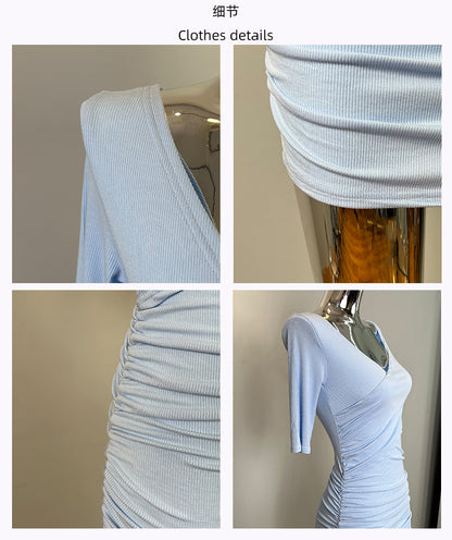 South Korea Dongdaemun New Sexy Feminine V-Neck Pleated Bag Hip Mid-Sleeve dress Figure