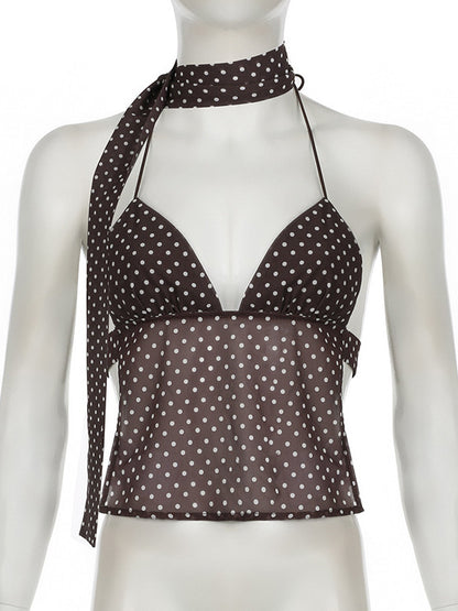 2024 Winter New French Style Elegant Strap Deep V Open Chest Lace Large Open Back Contrast Color Dot Design Small Sling