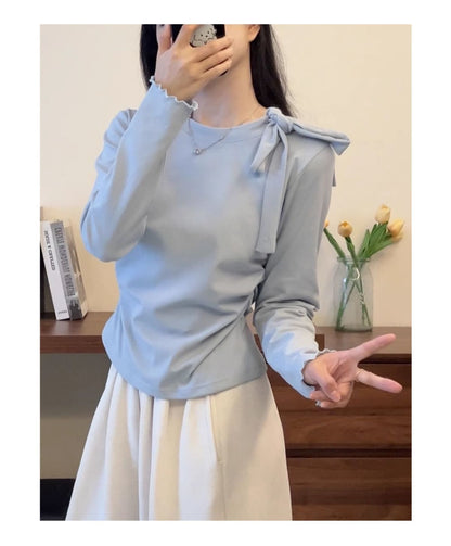 Bow Strap Long-sleeved Korean Style Chic Autumn and Winter New Top Sweet Pure Style Tight Waist Slim Fit Pleated Top