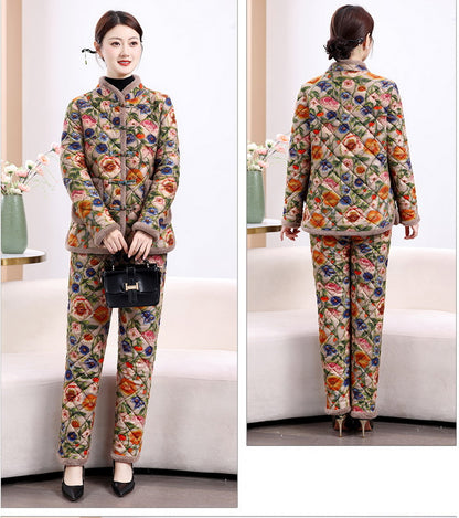 Chinese Style Mother's Winter New fleece-lined Thickened Cotton-padded Coat suit Middle-aged Women's Cotton-padded Clothes Cotton Pants Warm Two-piece Set