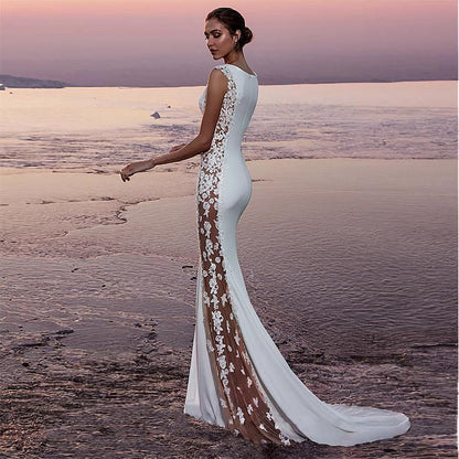 Cross-border European and American Evening Dress Lace Stitching Super Long Dress Vacation Sexy Hollow Female Amazon Factory