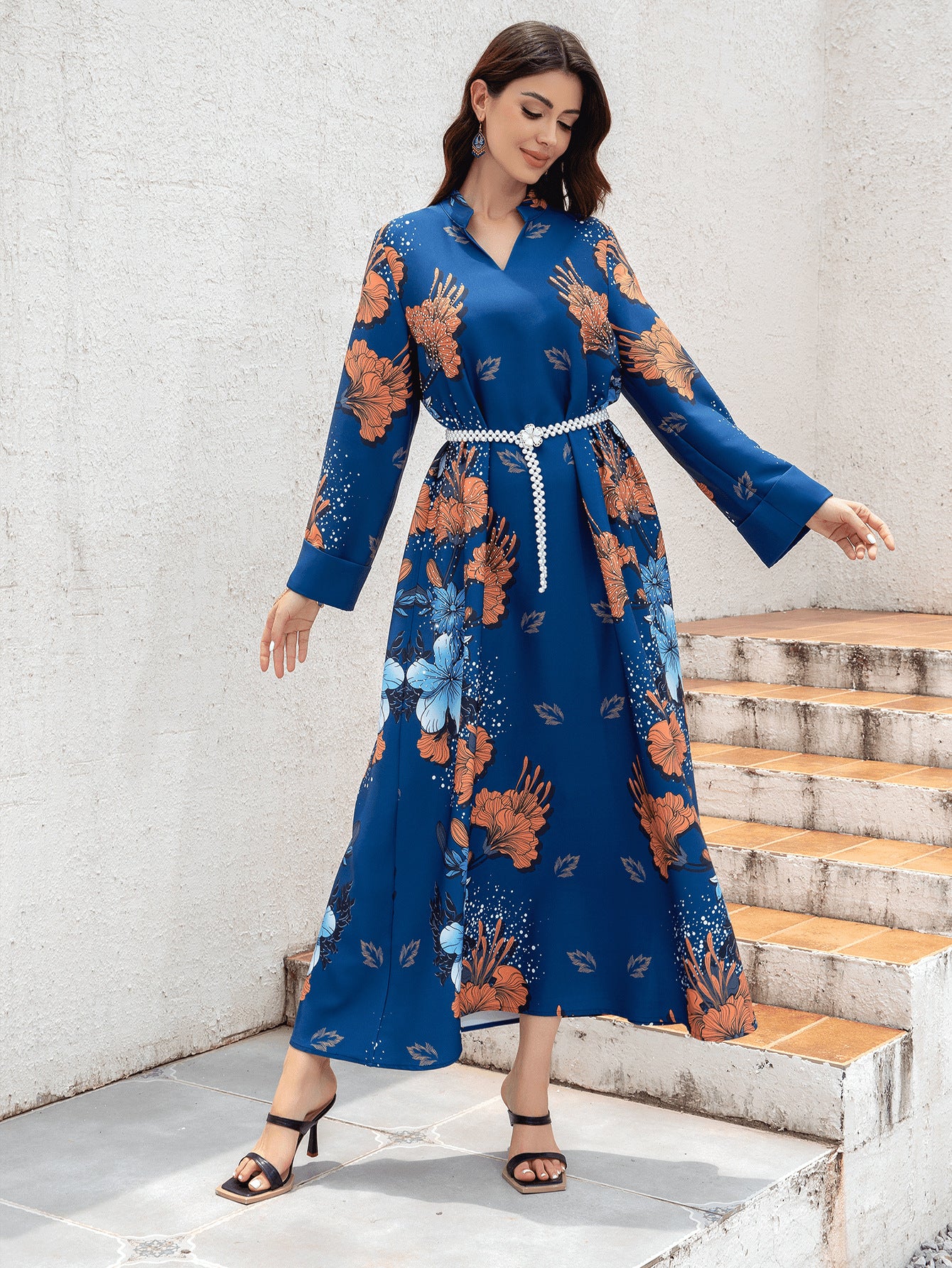 Sw0839 Middle Eastern Cross-Border Muslim Ladies Robe Printed Accessible Luxury Pearl Belt Jumabiya Dress