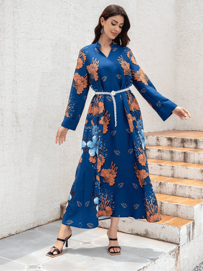 Sw0839 Middle Eastern Cross-Border Muslim Ladies Robe Printed Accessible Luxury Pearl Belt Jumabiya Dress