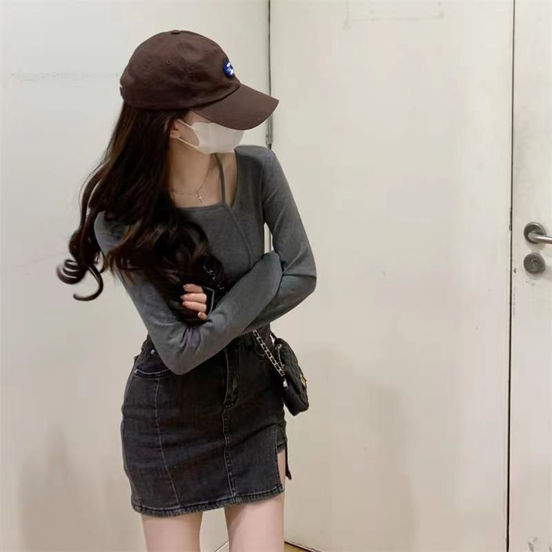 American Style Design Irregular Long-sleeved T-shirt Women's 2024 Spring and Autumn New Slim-fit Slimming Temperament Base Top