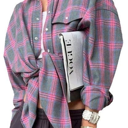 2024 Spring and Autumn Amazon OZON Cross-border Retro Style All-match Loose Shirt * Fashion All-match Plaid Shirt Women