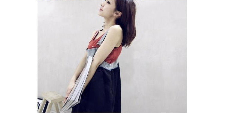 2024 Summer New Korean Style plus size Loose Fashionable Casual Denim Stitching Chiffon Strap Denim dress Women