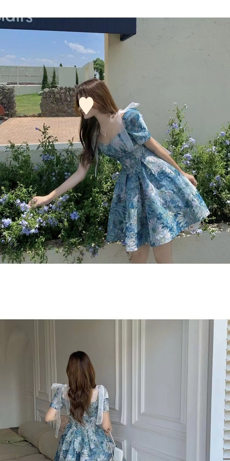 Floral dress Women's Summer French Style Elegant Short Waisted Skirt Niche Tutu Skirt Design Sense Sweet Puff Sleeve Skirt