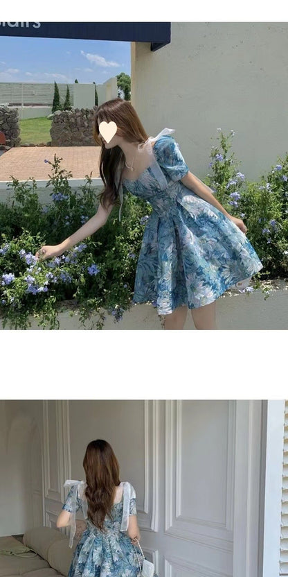 Floral dress Women's Summer French Style Elegant Short Waisted Skirt Niche Tutu Skirt Design Sense Sweet Puff Sleeve Skirt