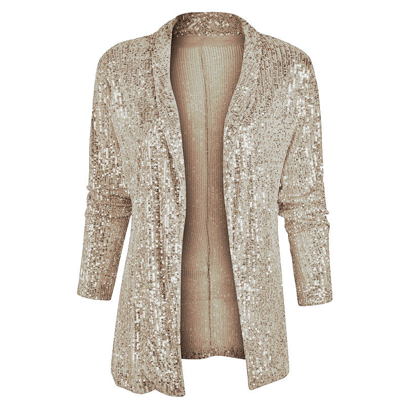 Cross-Border New European and American Amazon Sequined Long-Sleeved Elegant Mid-Length Small Suit Lapel Pure Color Jacket for Women