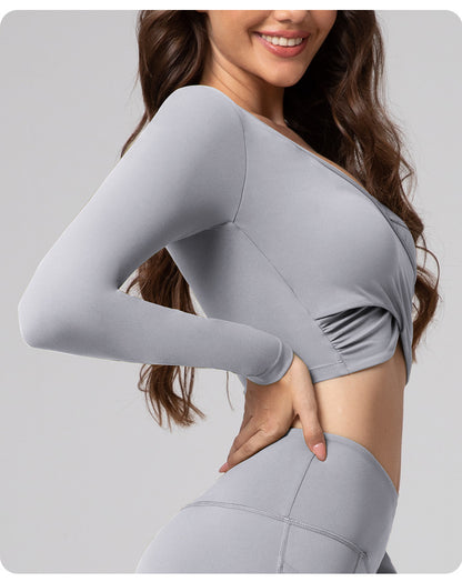 Feiyue European and American Sexy Cross Deep V Short Leaky Waist Solid Color Fitness Sports Leisure Long Sleeve Yoga Clothes Top for Women