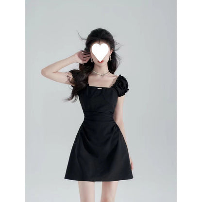 Black Waist-Cinching Slimming Square-Neck Dress for Women 2026 New Summer French Hepburn Style Elegant A-Line Short Skirt