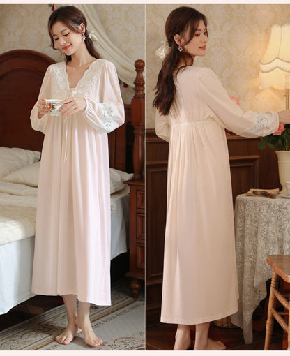 Women's long-sleeved nightdress spring cotton court style French lace princess temperament long pajamas can be worn outside home wear autumn and winter