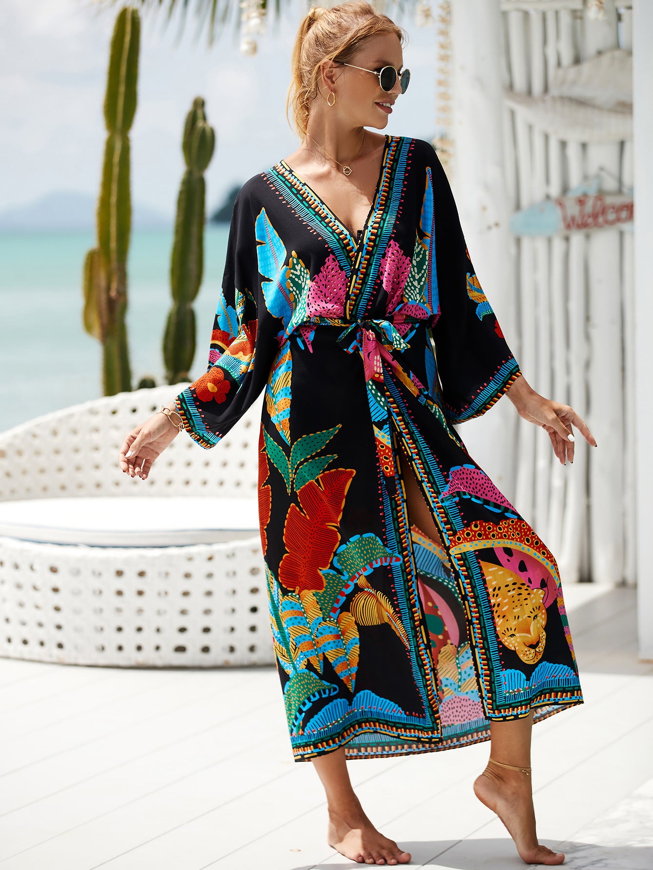 2023 New European and American Cotton Print Beach Jacket Sexy Sun Protection Cardigan Holiday Bikini Overshirt Women