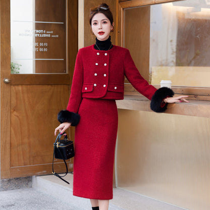 2024 Winter New Style Liner White Duck Down Jacket Real Hair Chanel Style suit Women's Light Luxury Socialite Skirt Two-piece Set