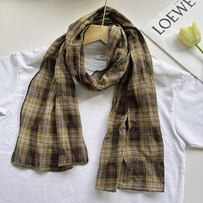 100% Pure Cotton Artistic Plaid Scarf Four Seasons Japanese Style All-match Neck Protector Long Thin Scarf Women's Summer Scarf