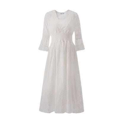Dress Summer New Style Women's Lace V-Neck Slim Waist Dress Korean Style Dress Vacation Women's Beach Dress