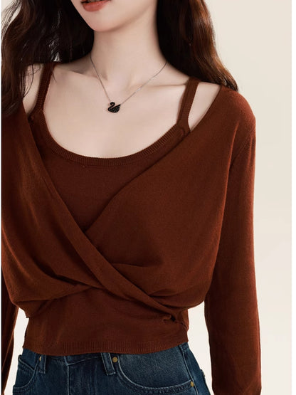 Korean Style Grey Niche Cross-kink Long-sleeved Knitted Top Women's Chic Inner Vest suit