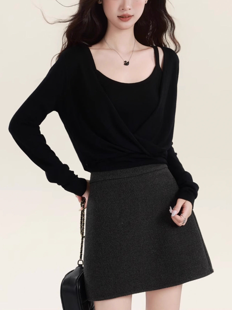 Korean Style Grey Niche Cross-kink Long-sleeved Knitted Top Women's Chic Inner Vest suit