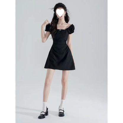 Black Waist-Cinching Slimming Square-Neck Dress for Women 2026 New Summer French Hepburn Style Elegant A-Line Short Skirt