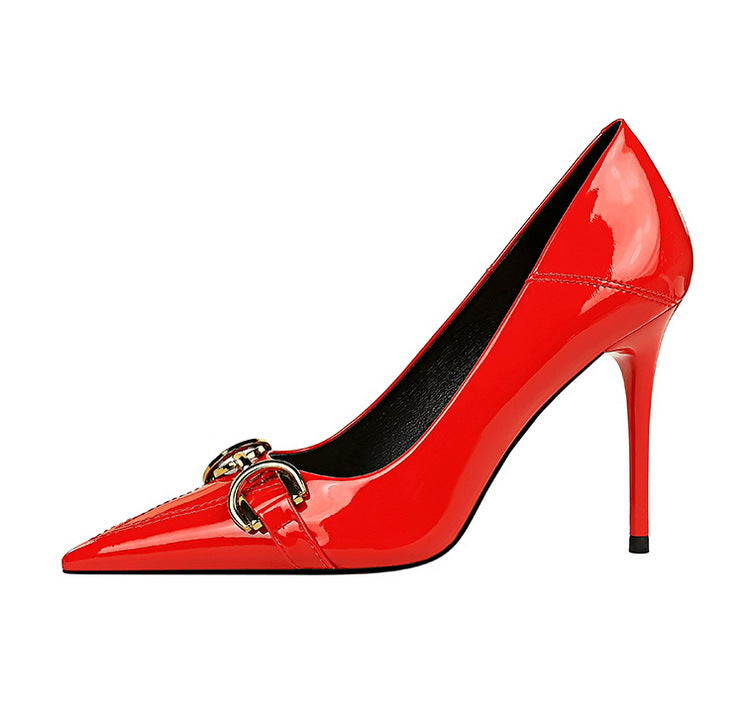 Luxury Women Pumps Metal Belt Buckle High Heels Patent Leather Women Heels Stilettos Career OL Office Shoes Plus Size 41 42 43