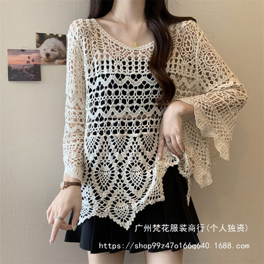 Palace Style French Embroidered Lace Shirt Women's Spring Loose Slimming Sweet Horn Sleeve Small Shirt Elegant Hollow Top
