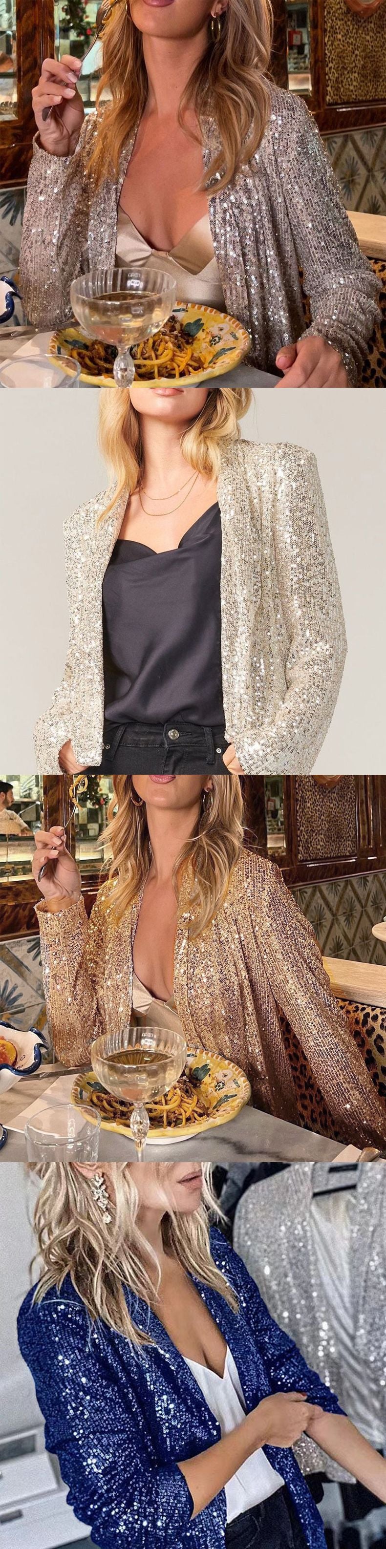 Cross-Border New European and American Amazon Sequined Long-Sleeved Elegant Mid-Length Small Suit Lapel Pure Color Jacket for Women