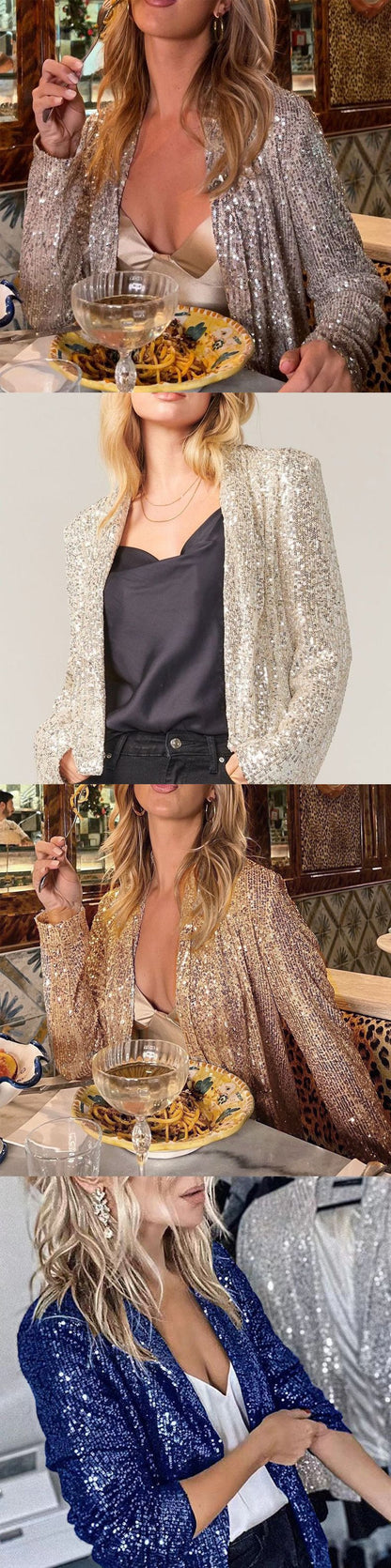 Cross-Border New European and American Amazon Sequined Long-Sleeved Elegant Mid-Length Small Suit Lapel Pure Color Jacket for Women