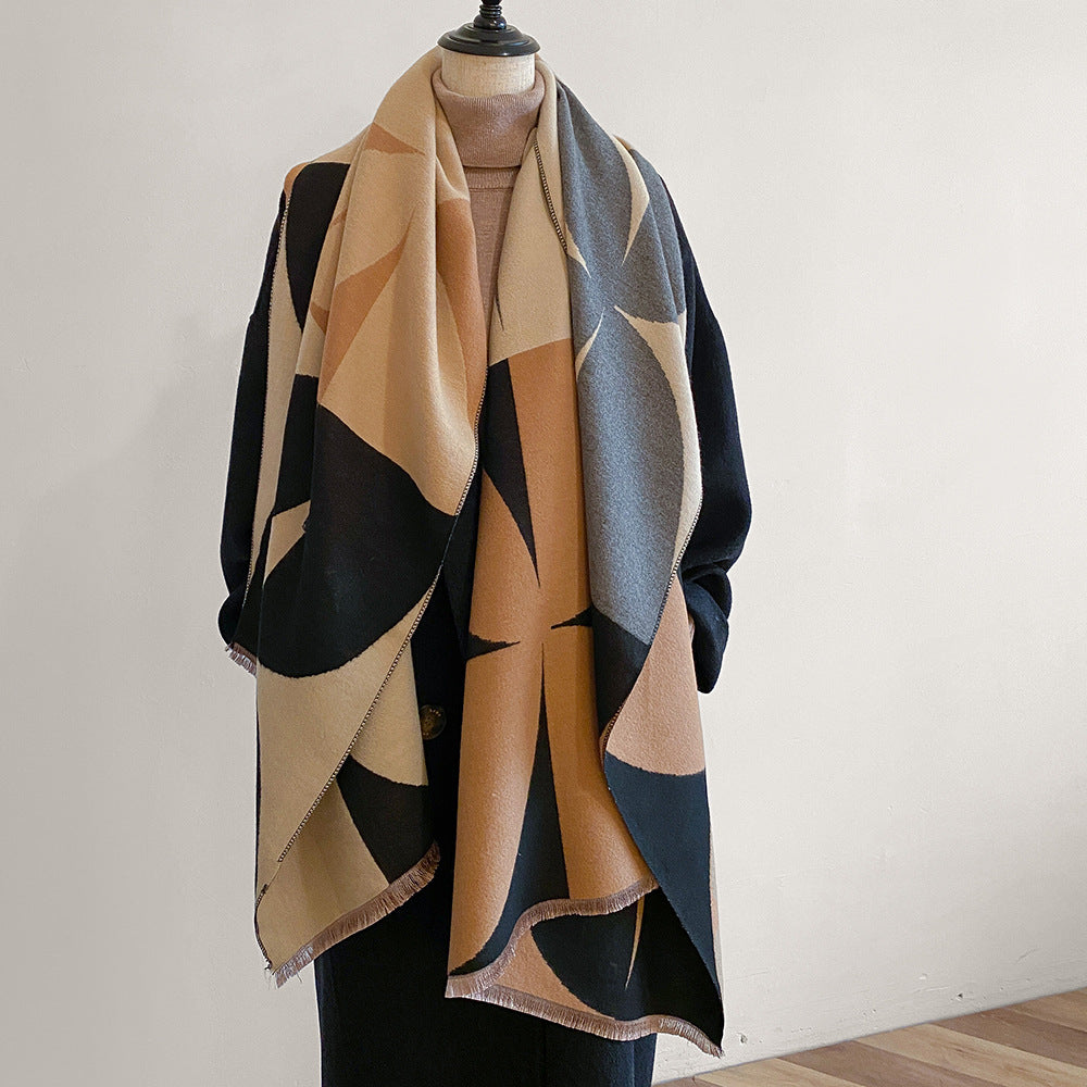 Contrast color asymmetric niche cashmere scarf women's autumn and winter high-grade thickened warm outer shawl new scarf