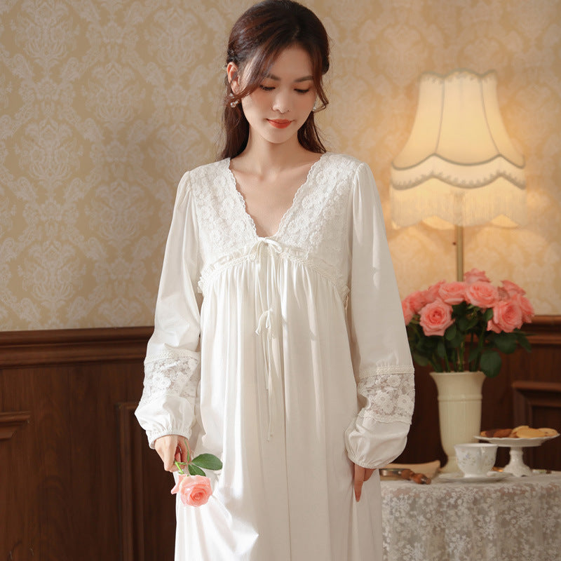Women's long-sleeved nightdress spring cotton court style French lace princess temperament long pajamas can be worn outside home wear autumn and winter