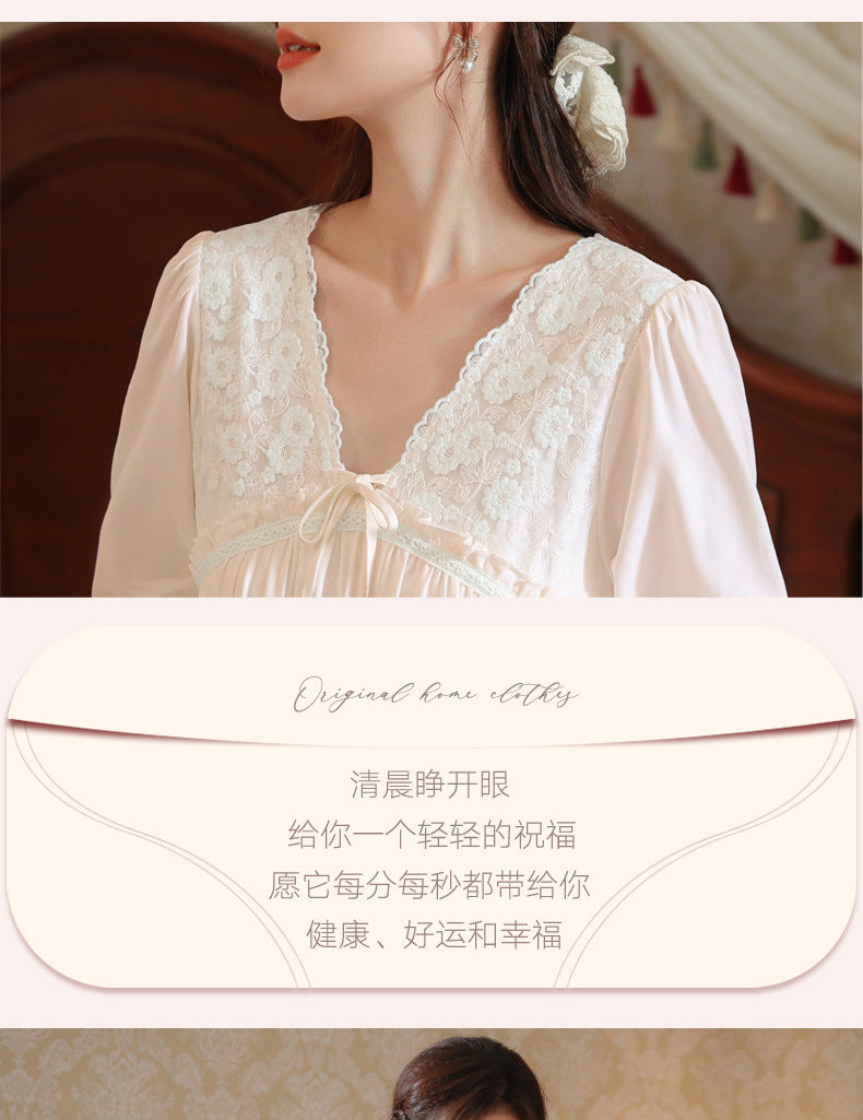 Women's long-sleeved nightdress spring cotton court style French lace princess temperament long pajamas can be worn outside home wear autumn and winter