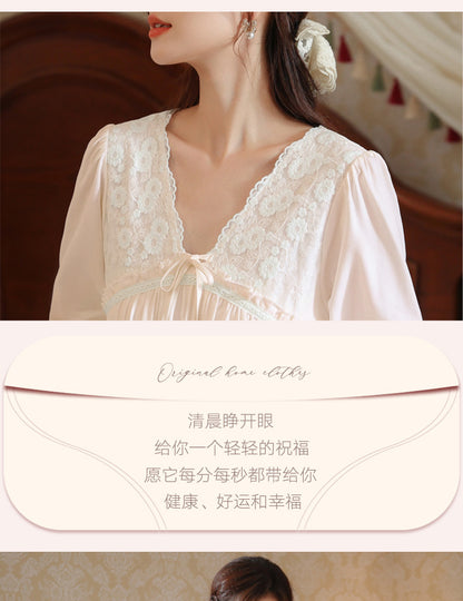 Women's long-sleeved nightdress spring cotton court style French lace princess temperament long pajamas can be worn outside home wear autumn and winter
