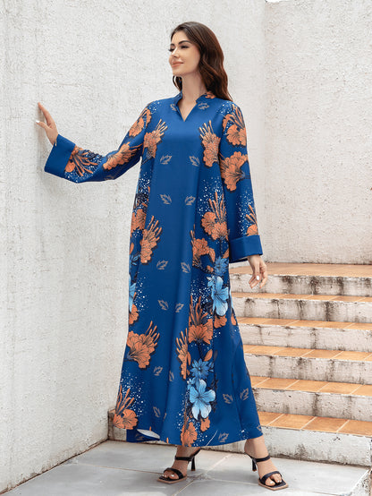 Sw0839 Middle Eastern Cross-Border Muslim Ladies Robe Printed Accessible Luxury Pearl Belt Jumabiya Dress