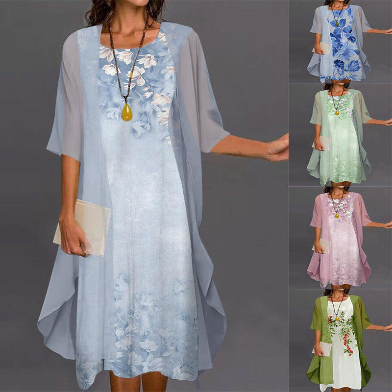 2024 European and American Amazon Summer Women's Casual dress Two-Piece Flower-Print Round Neck Slim-Fit Dress Women