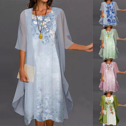 2024 European and American Amazon Summer Women's Casual dress Two-Piece Flower-Print Round Neck Slim-Fit Dress Women