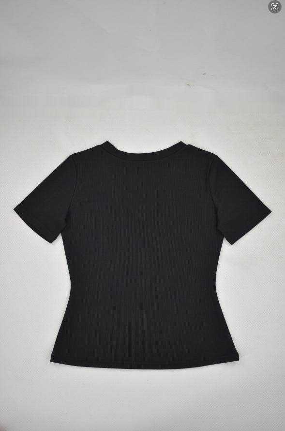 Solid Color Ribbed Pit V-Neck Short-Sleeve Tee