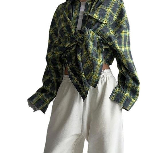 2024 Spring and Autumn Amazon OZON Cross-border Retro Style All-match Loose Shirt * Fashion All-match Plaid Shirt Women