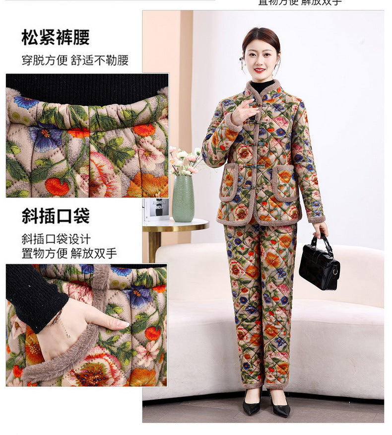 Chinese Style Mother's Winter New fleece-lined Thickened Cotton-padded Coat suit Middle-aged Women's Cotton-padded Clothes Cotton Pants Warm Two-piece Set