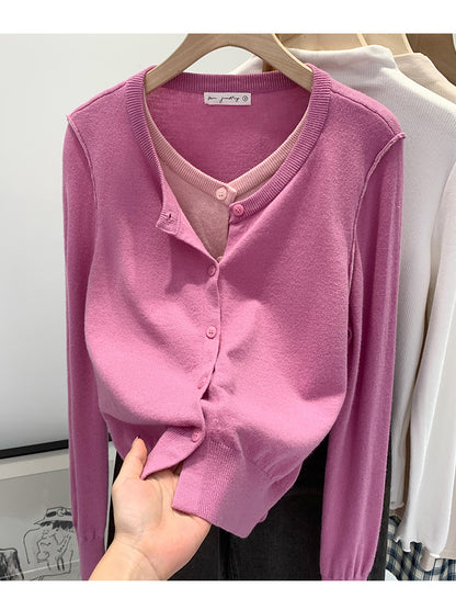 Beautiful V-neck Fake Two-piece Sleeve Knitted Cardigan Jacket Women's 2024 Autumn and Winter Western Style Unique Chic Slim Small Top