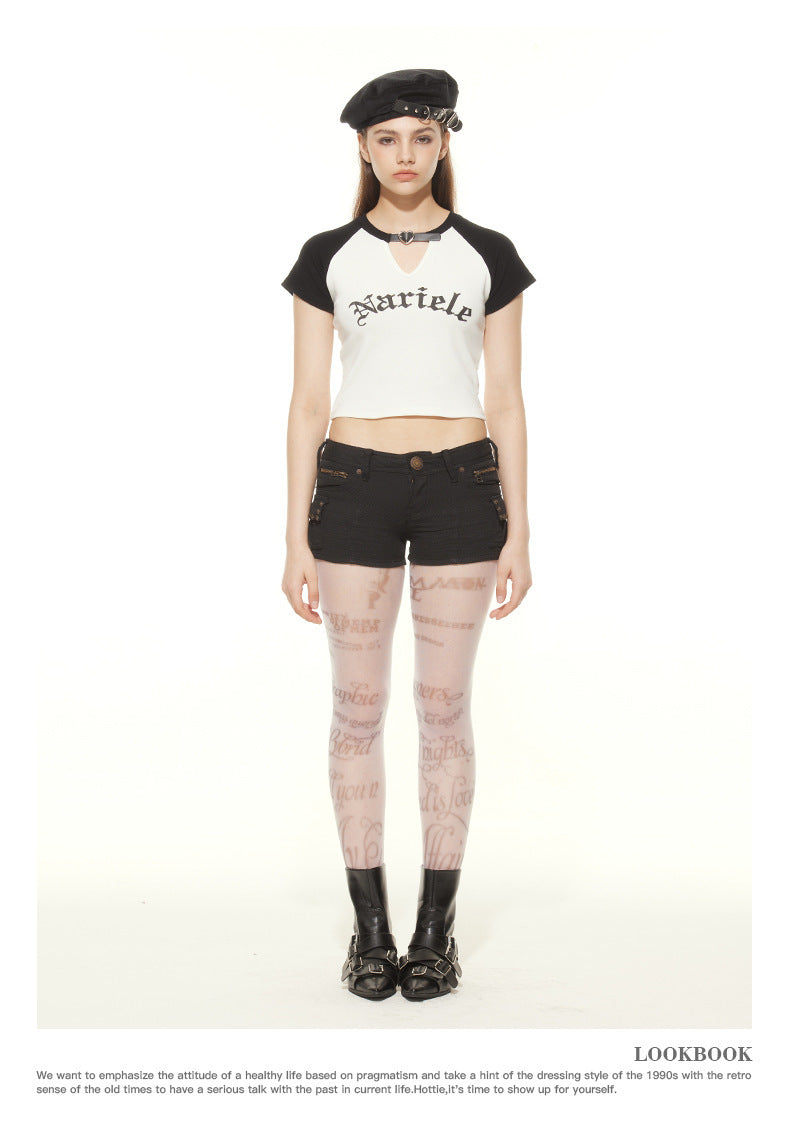 HeyHenry European and American Spice Girls Fashion Hollow Design Letter Print Contrast Color Short-sleeved T-shirt Women's Navel Top