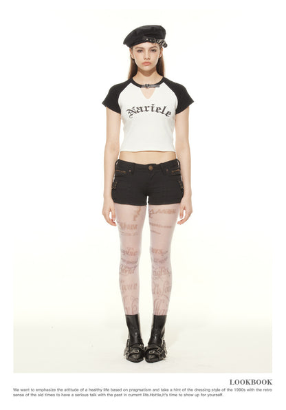 HeyHenry European and American Spice Girls Fashion Hollow Design Letter Print Contrast Color Short-sleeved T-shirt Women's Navel Top