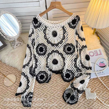 Early Autumn Design Sense Hollow-out Crochet Sweater Women's New Spice Girl Western Style Loose All-match Long-sleeved Top