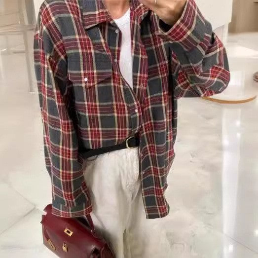 2024 Spring and Autumn Amazon OZON Cross-border Retro Style All-match Loose Shirt * Fashion All-match Plaid Shirt Women