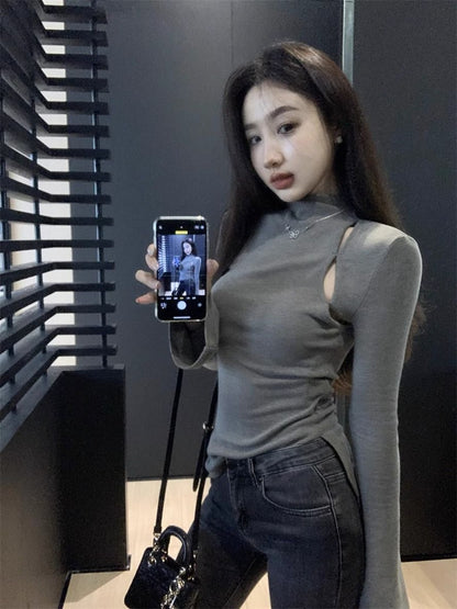 Pure Desire Thread Velvet Tight Inner Half-High Neck T-Shirt Women's Spring and Autumn Design Sense Hollow Base Shirt Top