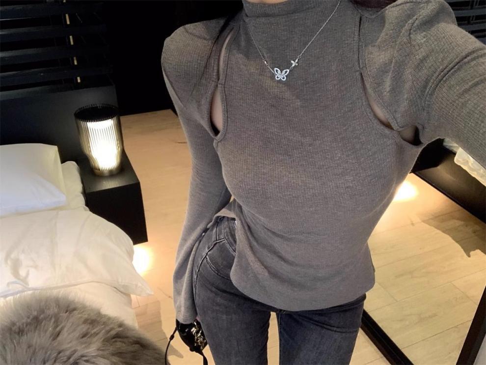 Pure Desire Thread Velvet Tight Inner Half-High Neck T-Shirt Women's Spring and Autumn Design Sense Hollow Base Shirt Top