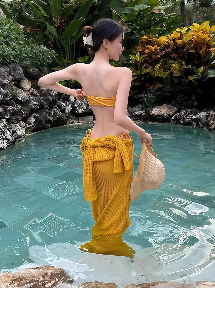 Bikini Swimsuit Women's 2025 New Thai Beautiful Yellow Split Three-piece Sexy Long Dress Island Holiday Style