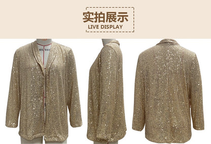 Cross-Border New European and American Amazon Sequined Long-Sleeved Elegant Mid-Length Small Suit Lapel Pure Color Jacket for Women