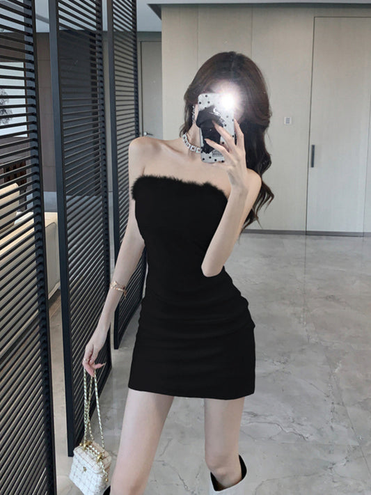 Pure Desire Sexy Spice Girl Strapless dress Slim-fit Waist Base Skirt Stitching Mao Mao Wrap Hip Skirt Autumn and Winter