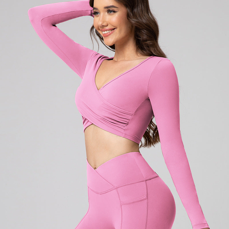Feiyue European and American Sexy Cross Deep V Short Leaky Waist Solid Color Fitness Sports Leisure Long Sleeve Yoga Clothes Top for Women